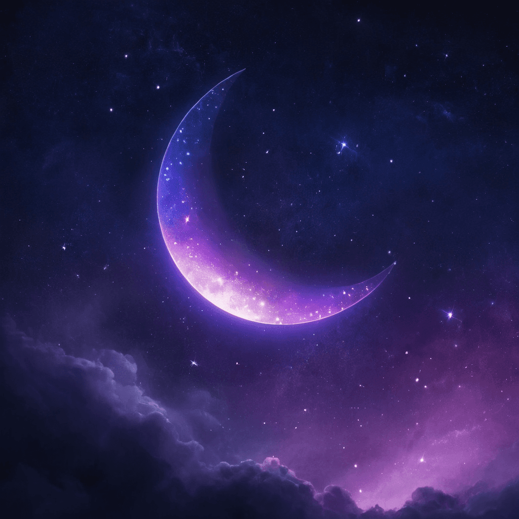 A glowing crescent moon over a starlit sky