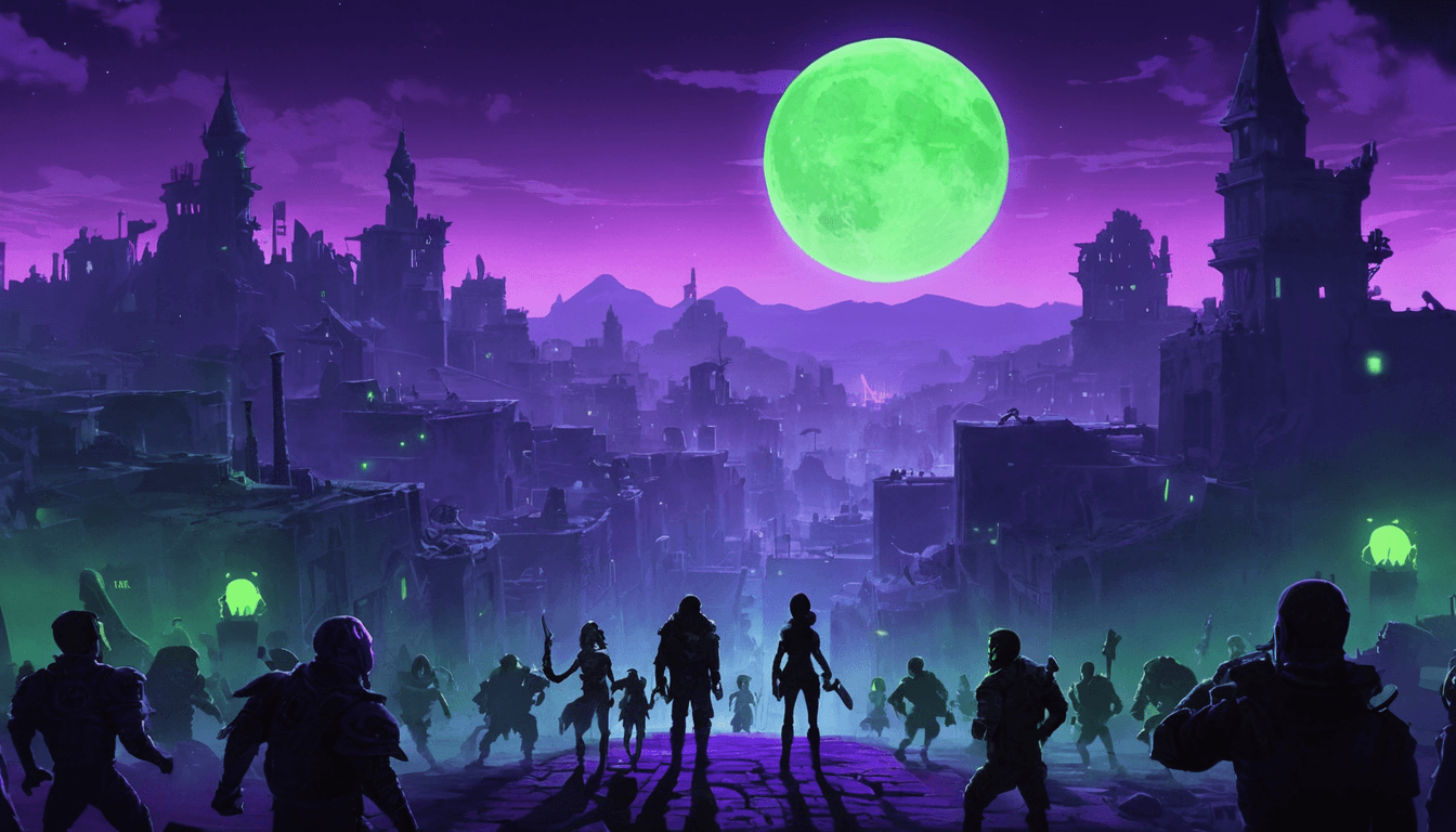 Neon-soaked streets at moonrise